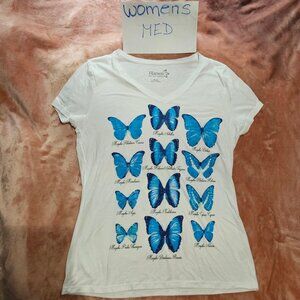 Womens M Hanes Blue Butterflies Array V-neck Sparkling Glitter Graphic Tee